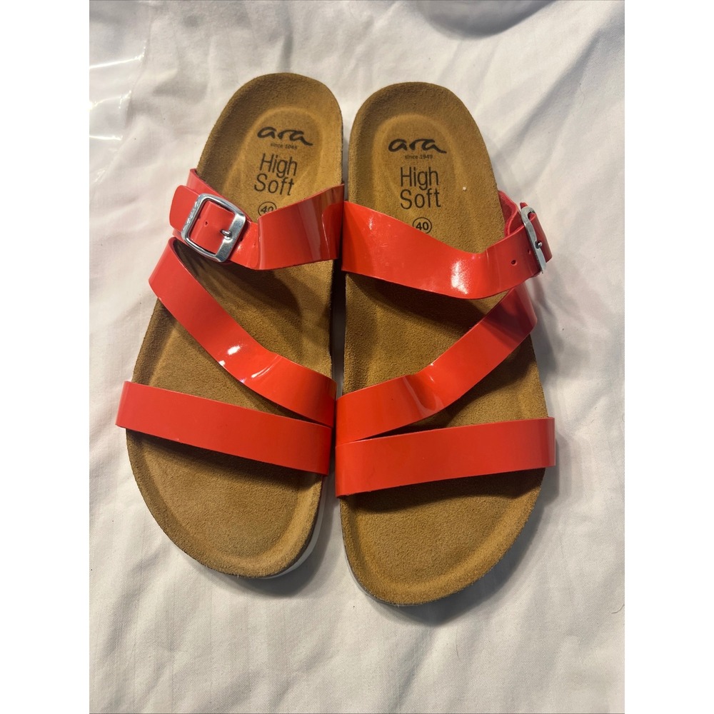 Ara High Soft Coral Pink Patent Leather Buckle Slide Sandals Womens Size 40